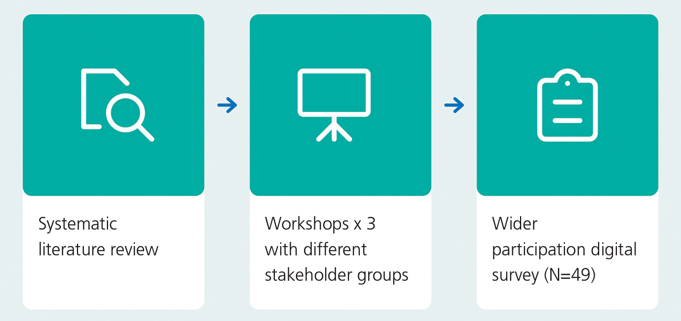 Systematic literature review - Workshops x 3 with different stakeholder groups - Wider participation digital survey (N=49)